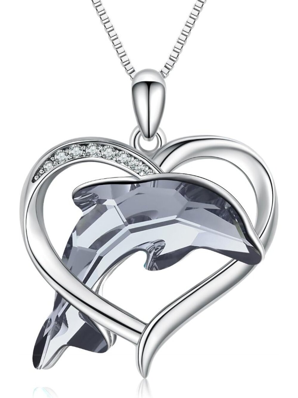 Women's Sterling Silver Heart Dolphin Pendant  Beach Themed Crystal Necklace